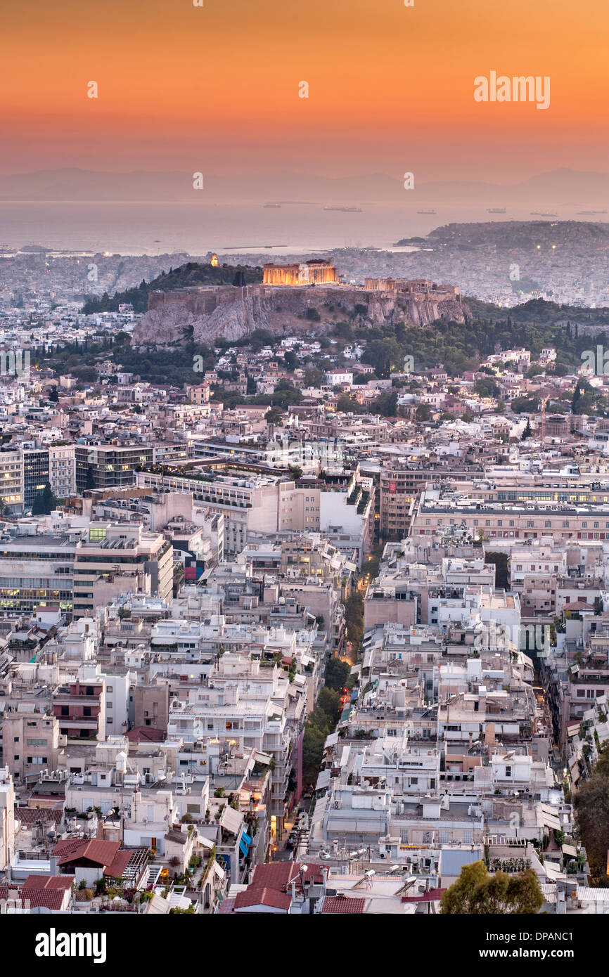 Dusk view of the Parthenon and Acropolis Hill in Athens, the capital of Greece. Stock Photo