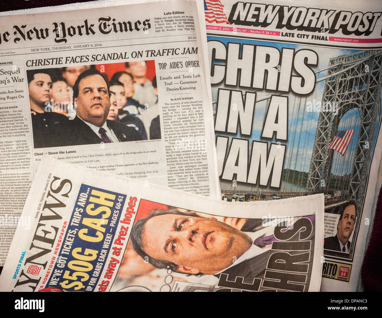 New York newspaper covers on Thursday, January 9, 2014 feature New Jersey Governor Chris Christie Stock Photo