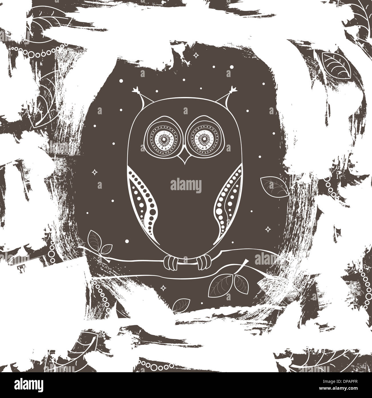 Decorative vector black and white owl on a tree branch Stock Photo - Alamy