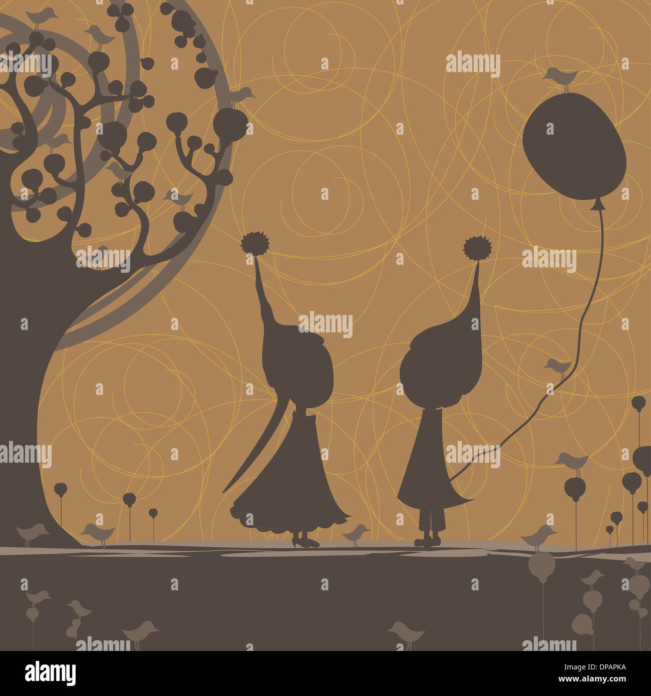 Vintage card with silhouette of two kids, a boy and a girl Stock Photo ...