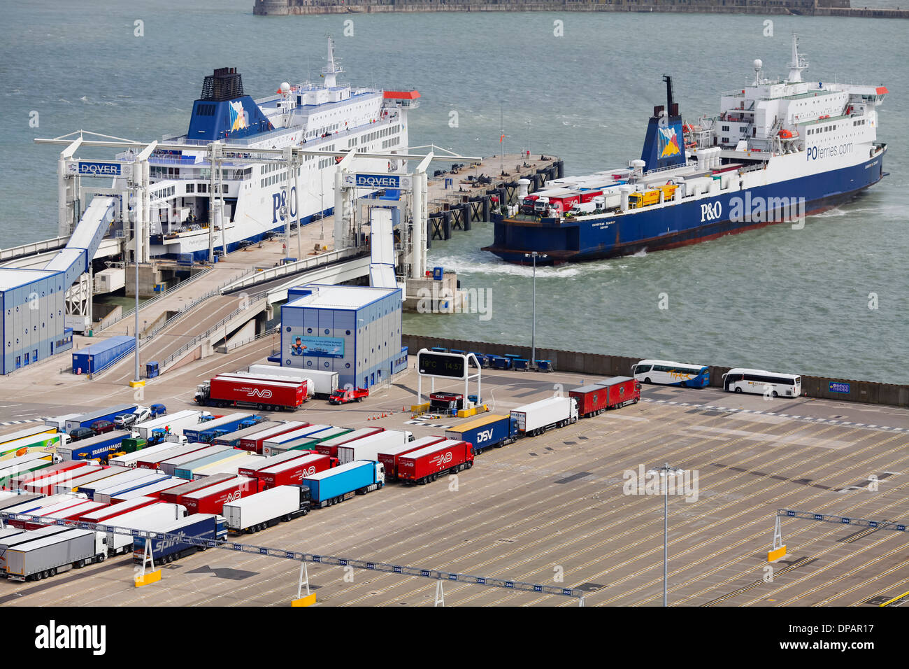 Freight transport lorries wait to join cross channel ferries at the port of Dover Stock Photo