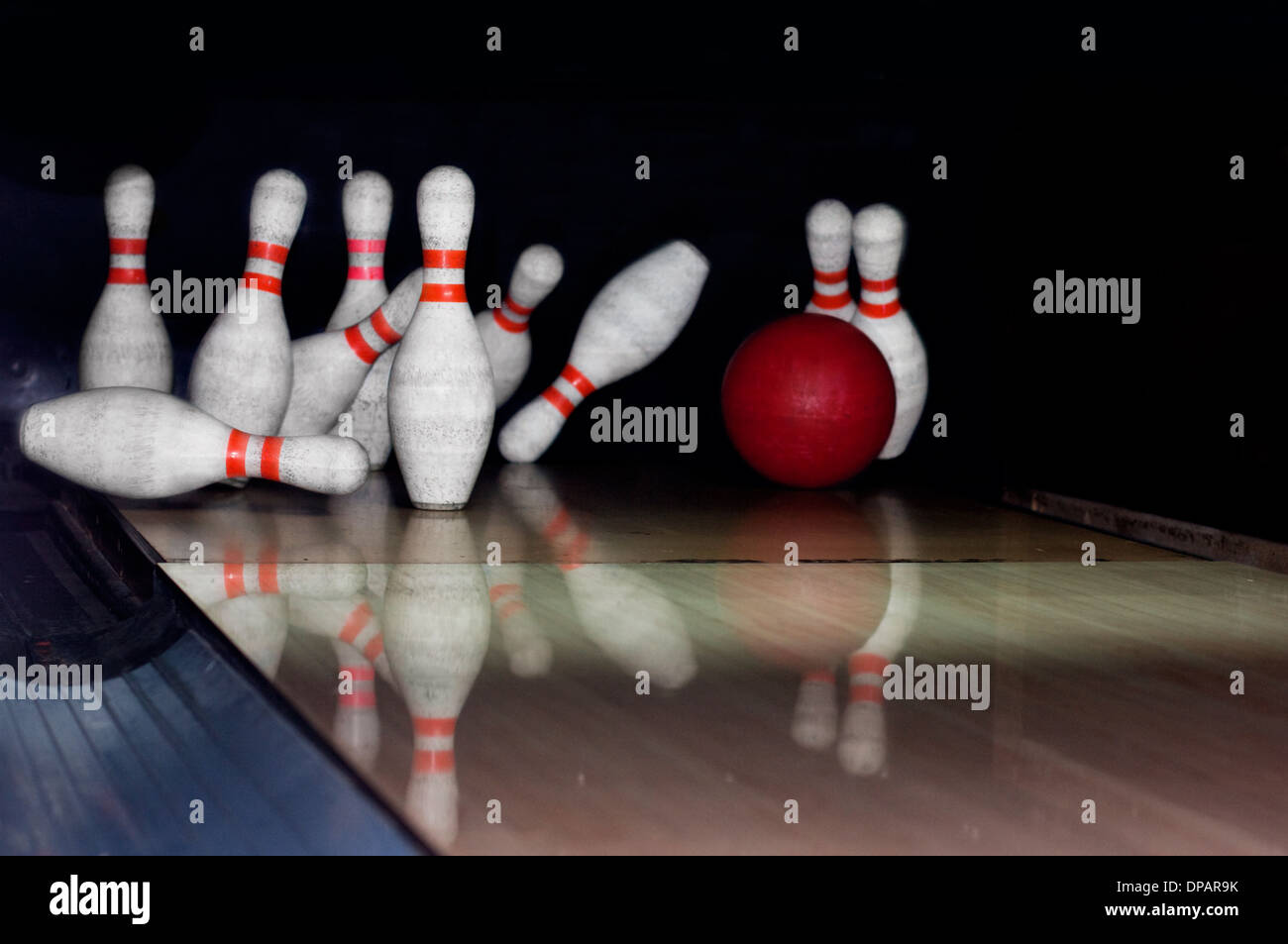 Bowling pins on wooden lane Stock Photo Alamy