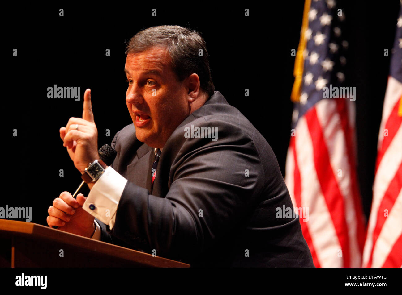 Jan. 8, 2014 - (File Photo) - New Jersey's Governor Chris Christie, the early front-runner for the 2016 Republican presidential nomination, is facing criticism after emails allegedly show that his aides conspired to create a traffic jam on the George Washington Bridge as a revenge plot against the town of a local mayor who was a political foe. PICTURED: Oct 13, 2009 - Fair Lawn, New Jersey, U.S.- US Attorney CHRIS CHRISTIE during a 'Conversation with Chris Christie' event at the Fair Lawn Community Center in New Jersey during his campaign trail as the Republican candidate for New Jersey Govern Stock Photo