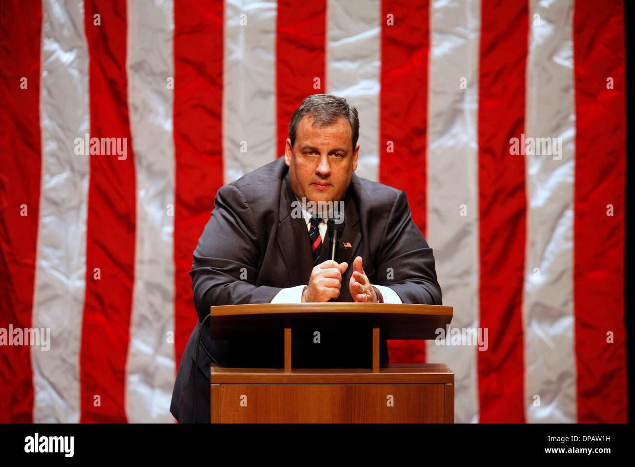 Jan. 8, 2014 - (File Photo) - New Jersey's Governor Chris Christie, the early front-runner for the 2016 Republican presidential nomination, is facing criticism after emails allegedly show that his aides conspired to create a traffic jam on the George Washington Bridge as a revenge plot against the town of a local mayor who was a political foe. PICTURED: Oct 13, 2009 - Fair Lawn, New Jersey, U.S. - US Attorney CHRIS CHRISTIE during a 'Conversation with Chris Christie' event at the Fair Lawn Community Center in New Jersey during his campaign trail as the Republican candidate for New Jersey Gover Stock Photo