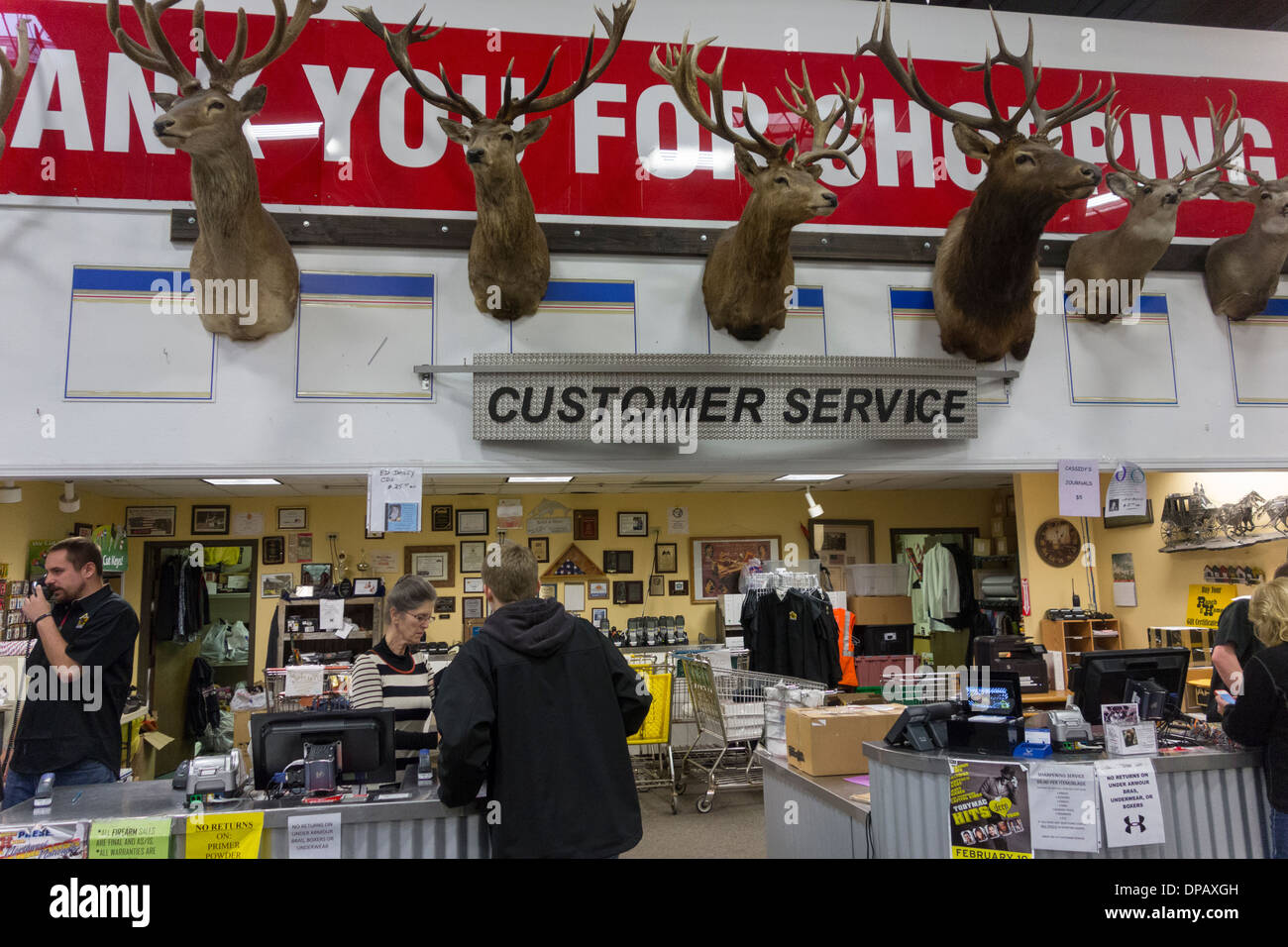 mounted deer heads, customer service, Ranch & Home store, Kennewick, Washington, USA Stock Photo