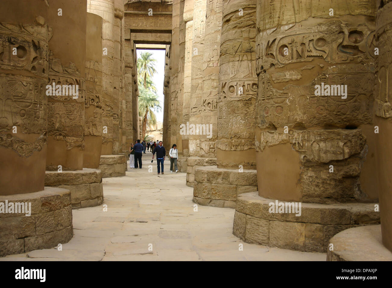 Hieroglyphics on columns of Karnak Temple in Luxor, Egypt. Stock Photo