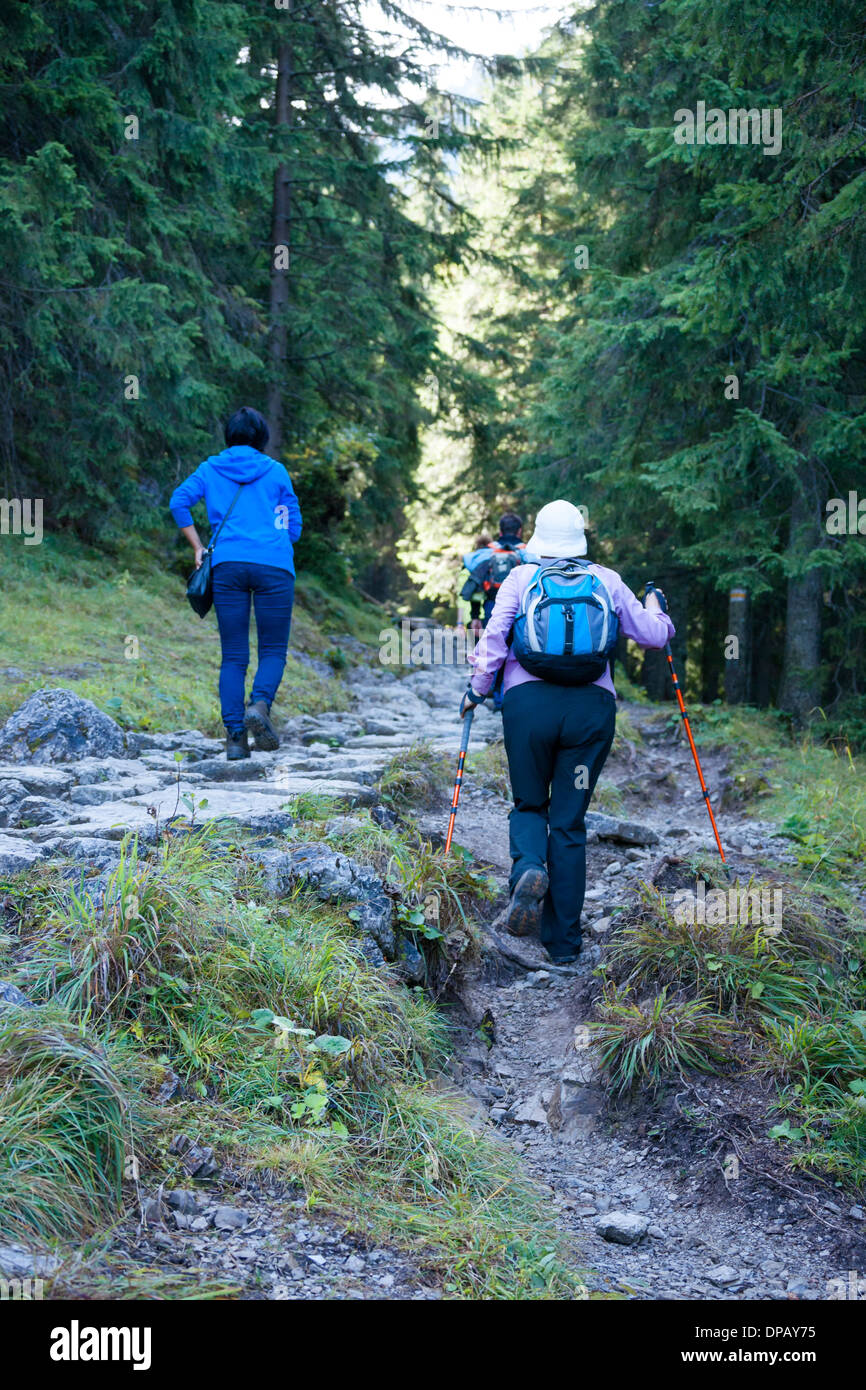 Hikers ascending a rocky trail in Tatra National Park, High Tatra Mountains, Zakopane, Poland, Europe Stock Photo