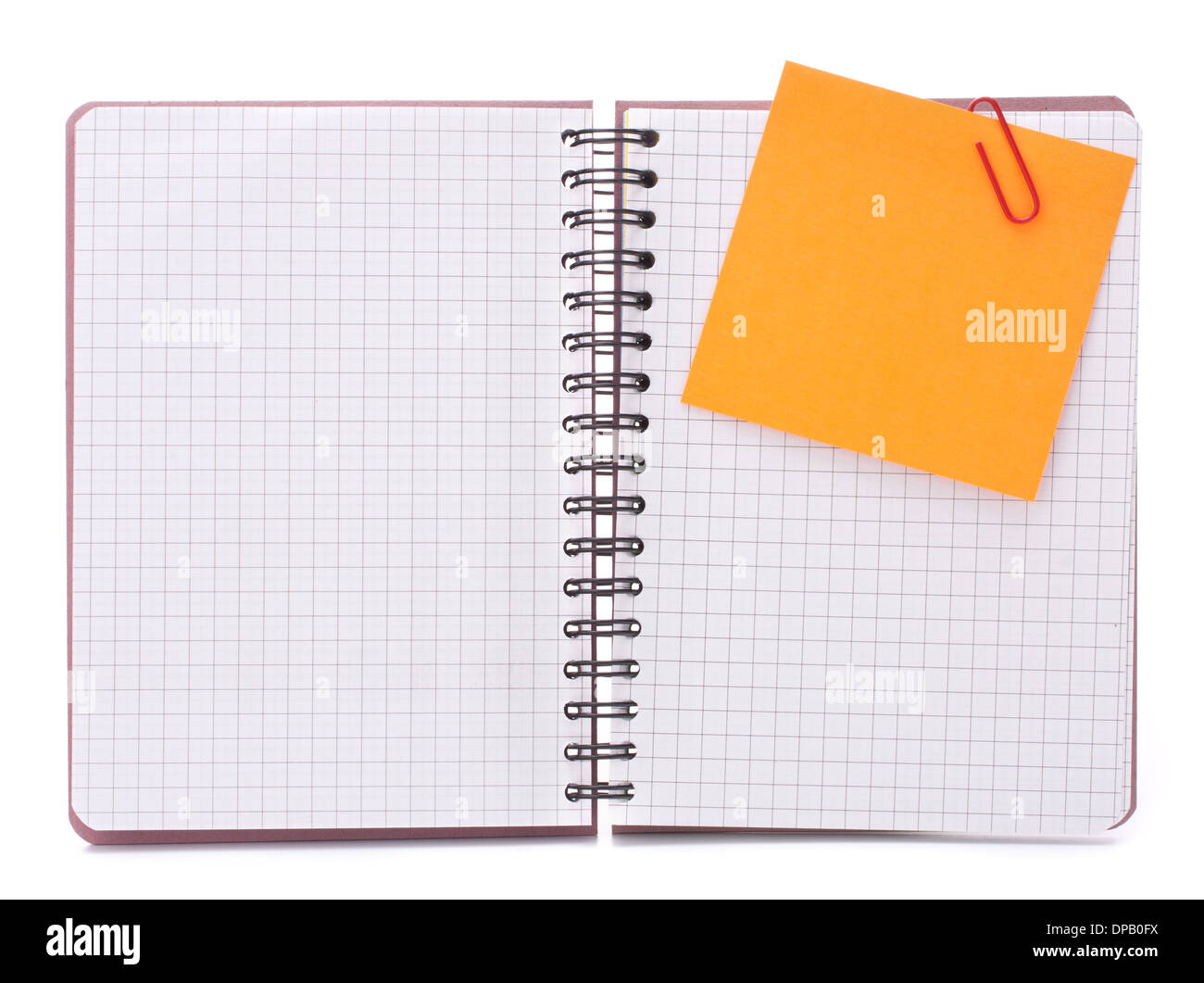 Blank checked notebook with notice paper isolated on white background cutout Stock Photo