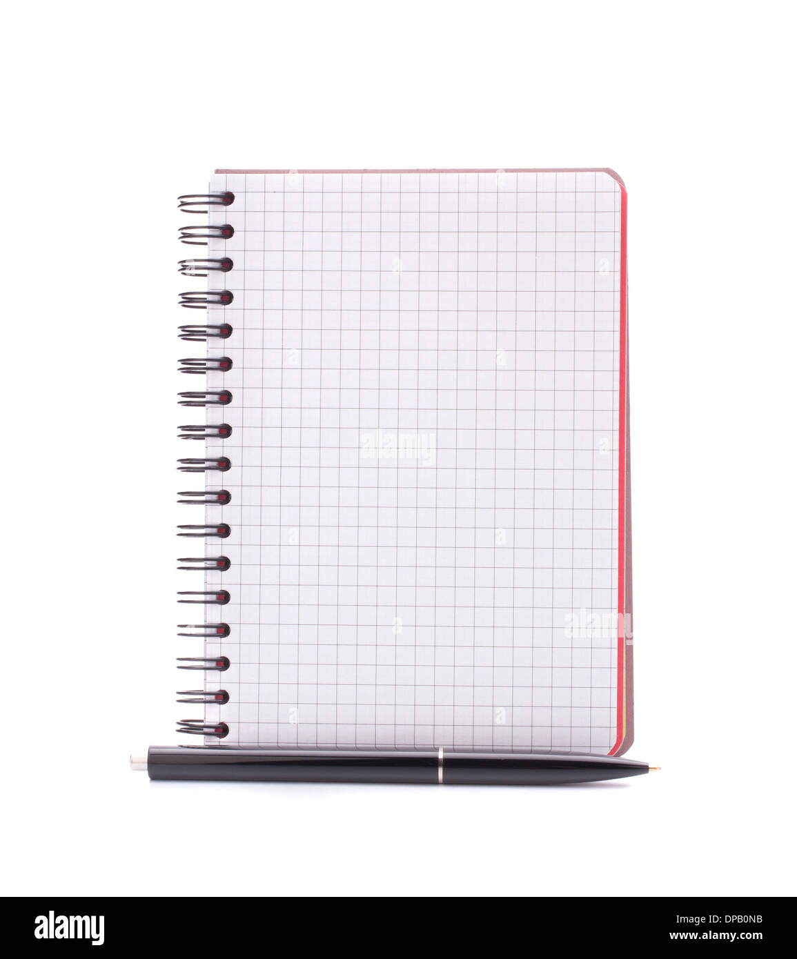 Open blank checked notebook with black pen isolated on white background cutout Stock Photo