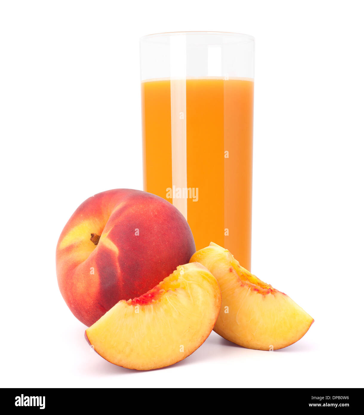 Peach fruit juice in glass isolated on white background cutout Stock