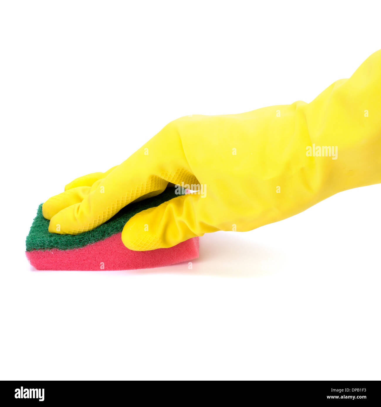 Hand in yellow glove with sponge isolated on white background Stock ...