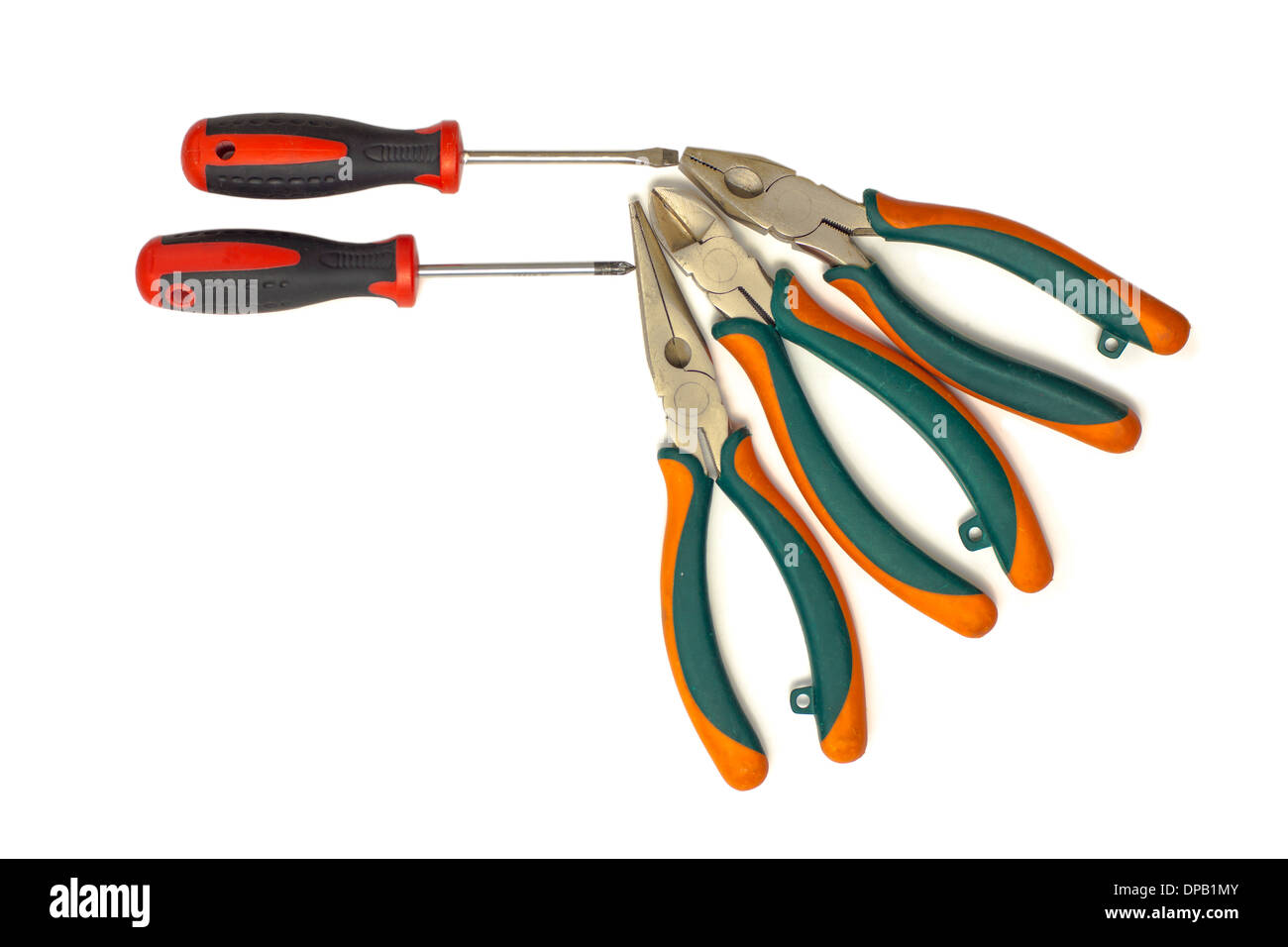 Electrician used tools on white background Stock Photo