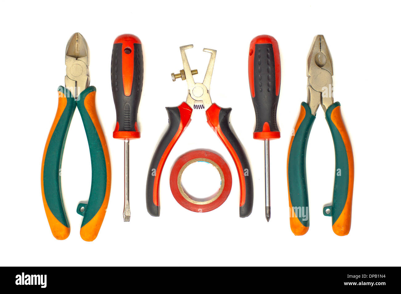 Electrician used tools on white background Stock Photo