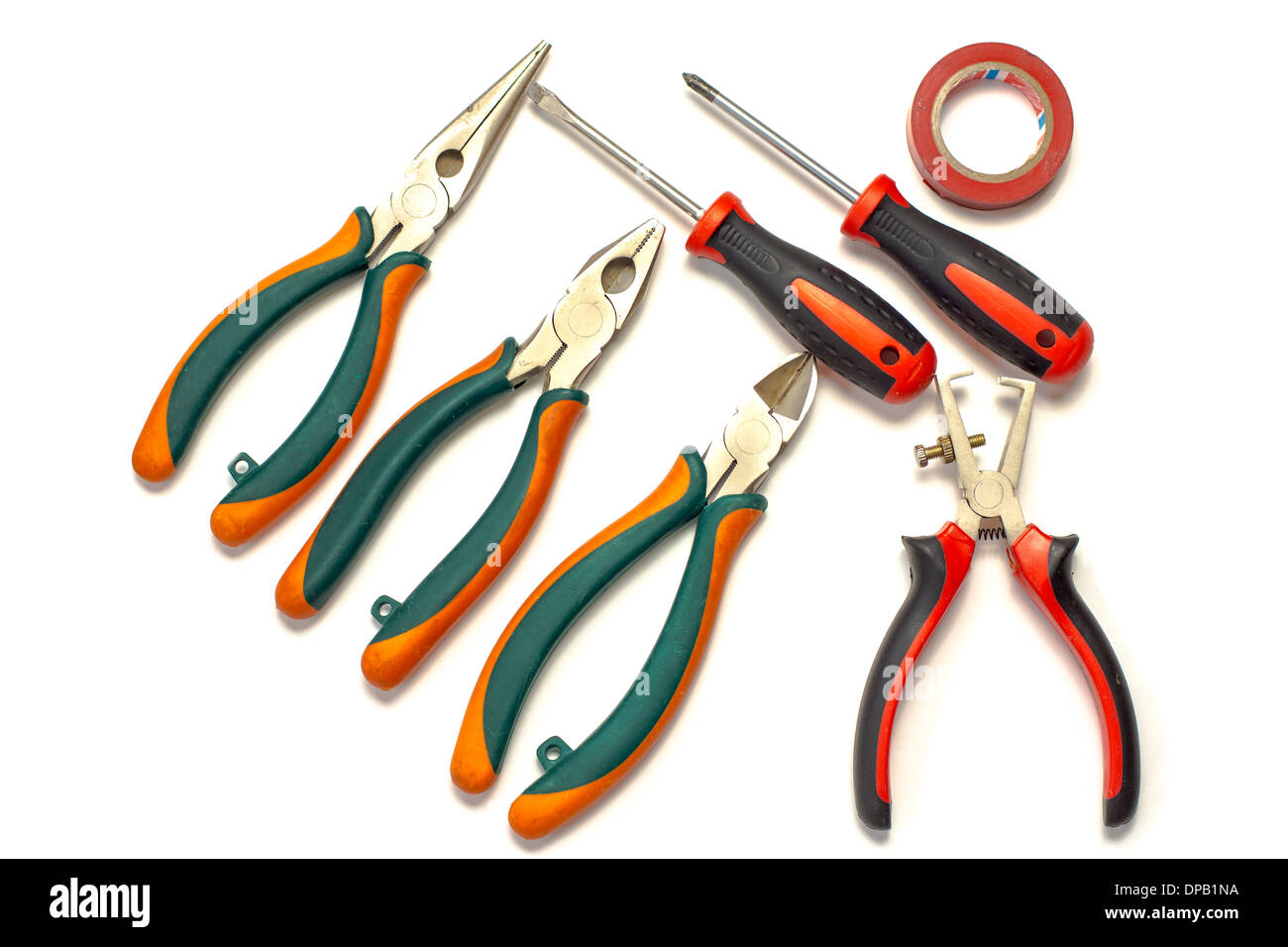 Electrician used tools on white background Stock Photo
