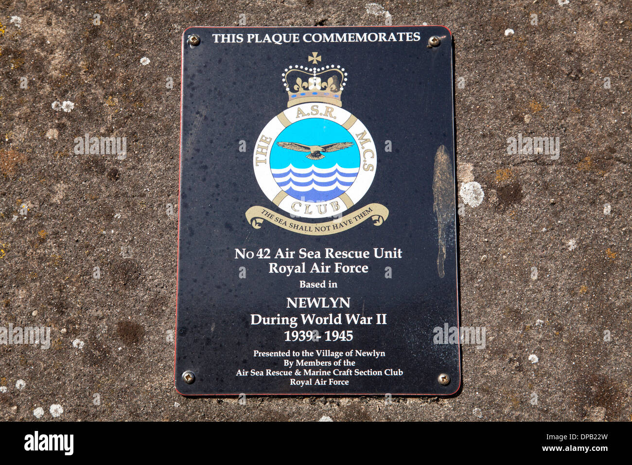 A plaque commemorating the Royal Air Force No42 Air Sea Rescue Unit based in Newlyn, Cornwall, U.K. during World War II. Stock Photo