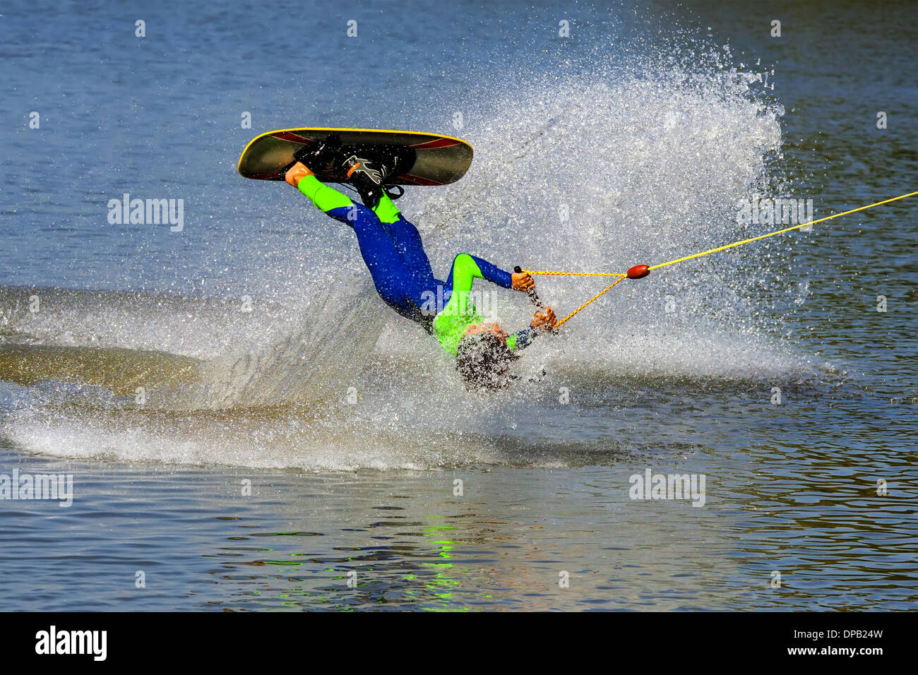 An unidentified participant shows his skills during Israel Water-ski competition cup October 26, 2013 in Tel-Aviv Stock Photo