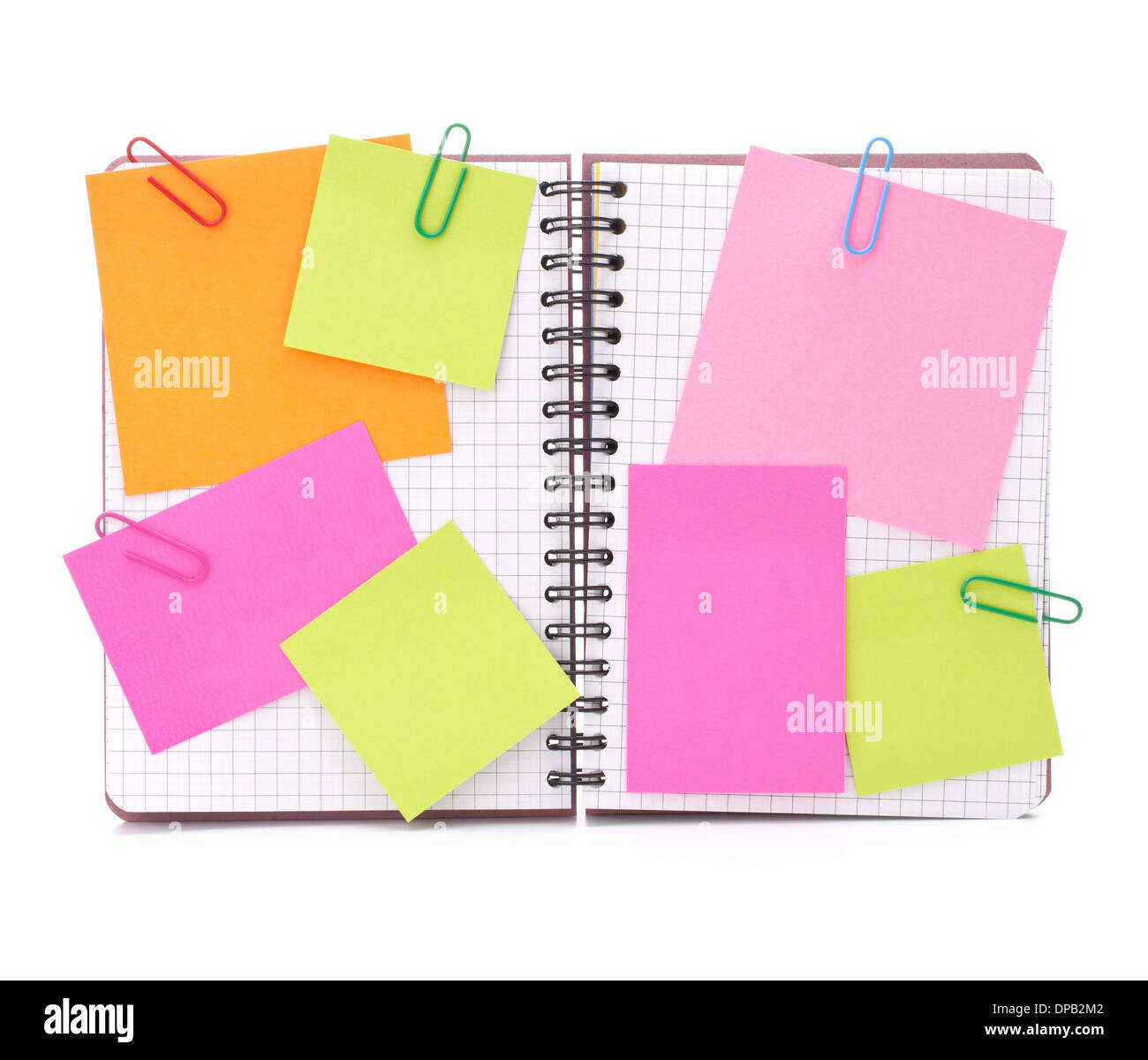 Blank checked notebook with notice papers isolated on white background cutout Stock Photo