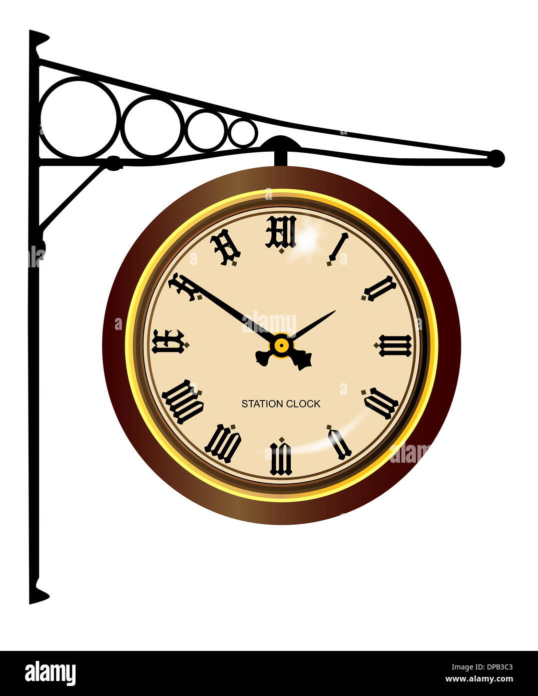 A traditional railway station hanging clock isolated on white Stock