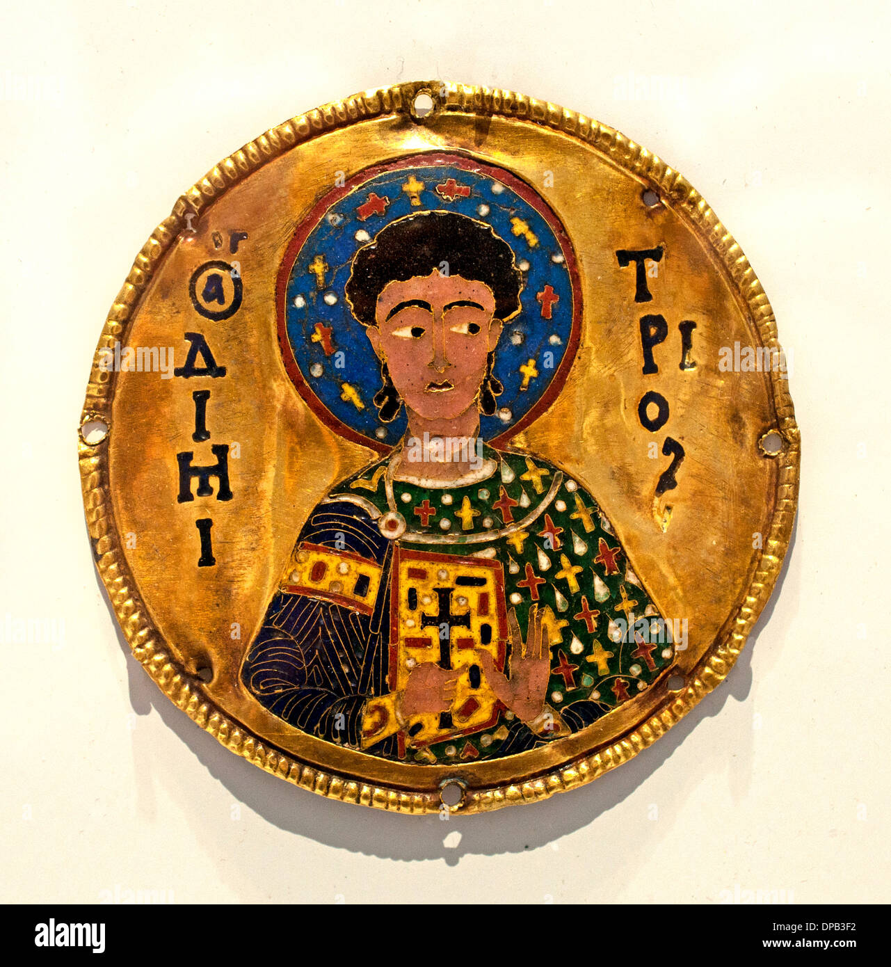 medallion decorated with a frame icon: St. Demetrios Constantinople (now Istanbul Turkey today) around 1100 gold and enamel Stock Photo