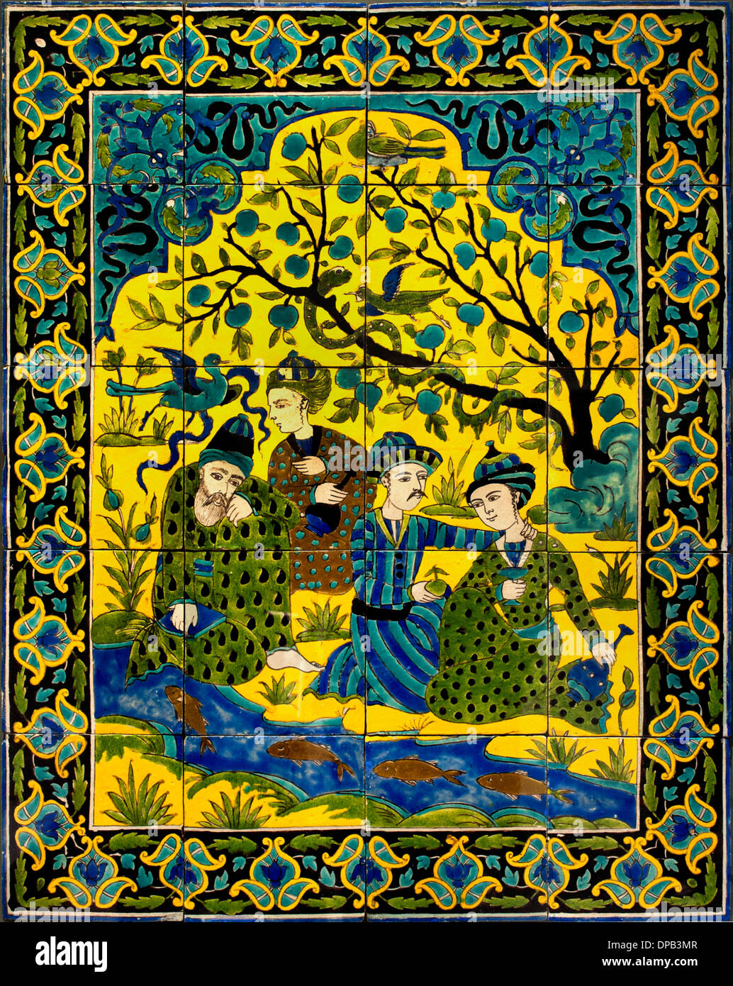 Panel siding: an assembly of mystical 1700-1800 Iran to ceramic decor black lines and colored glazes tile tiles Peria Persian Ir Stock Photo