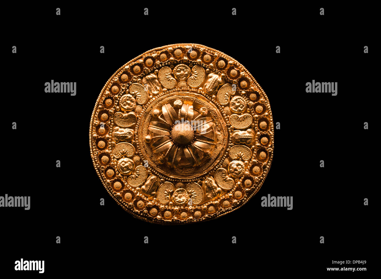 Greek Disc earring filigree granule technology Toad palmettes Gorgon heads forming a ribbon jewelry gold 4 Century BC  Greece Stock Photo