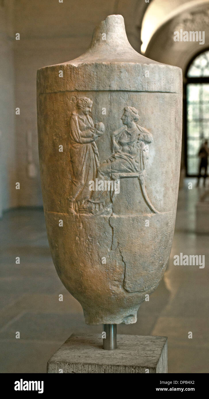 Grave monument of Archippe e form of a lekythos 390 BC The seated dead woman, a woman (Xeno) with child Greek Greece Stock Photo
