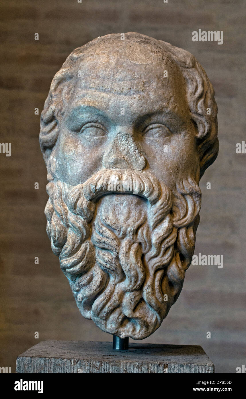 Head of Socrates (ca. 470–399 BC). Roman copy after a Greek original by Lysipp (ca. 320 v. Chr.) Greek Greece Stock Photo