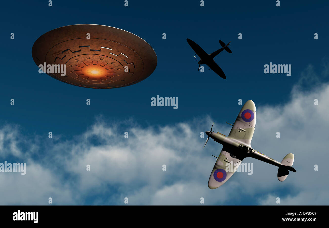 A Pair Of RAF Spitfires Chasing A UFO ,Also Called A Foo Fighter . Stock Photo