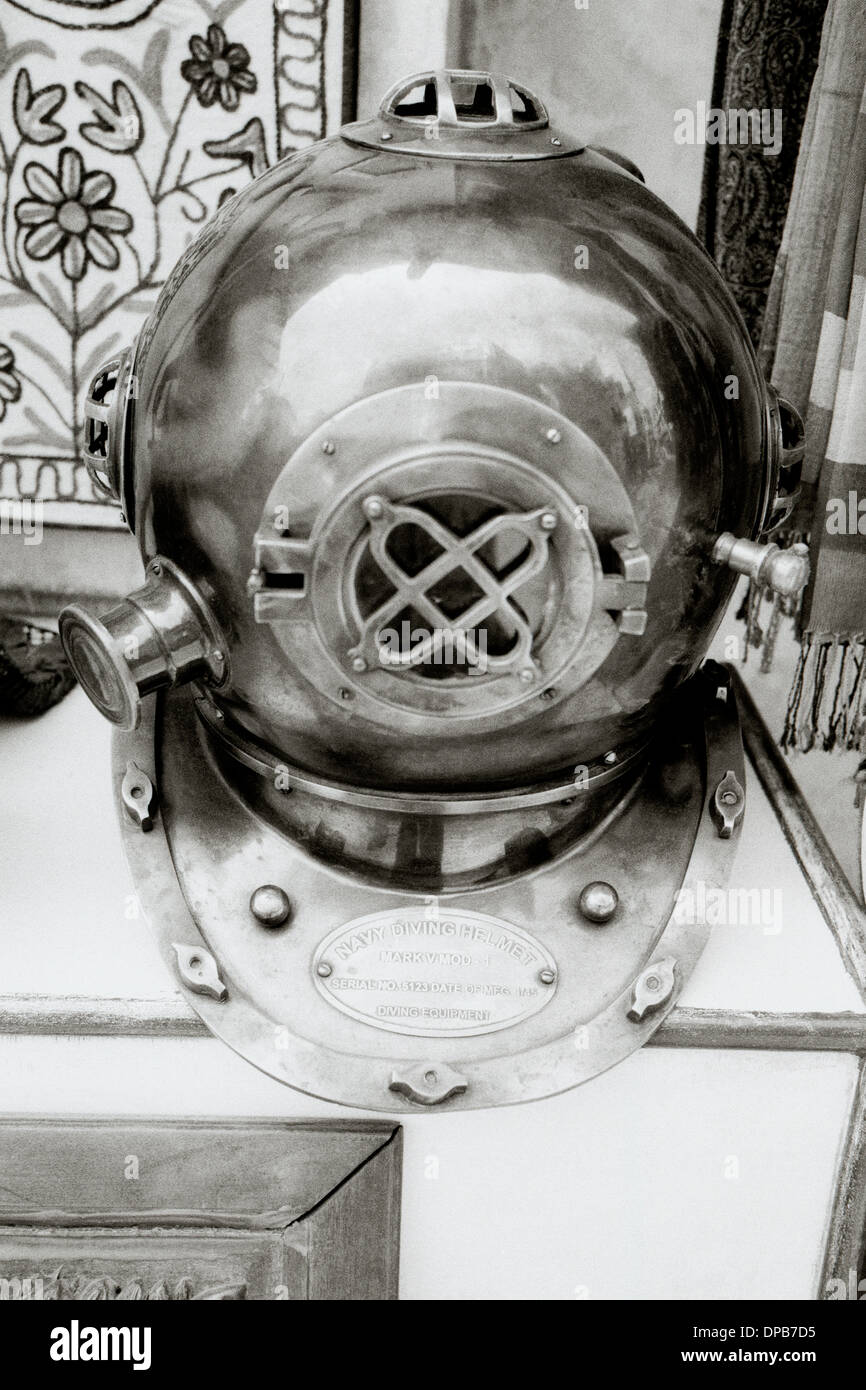 Still Life Photography - Old fashioned diving helmet in Udaipur in India in South Asia. History Equipment Dive Stock Photo