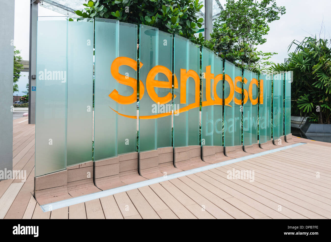 Sentosa sign along the boardwalk to Sentosa Island, Singapore Stock Photo