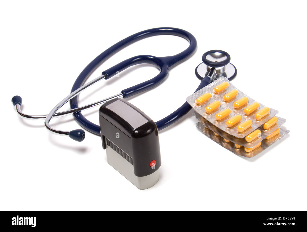 stethoscope, tablets and doctor seal isolated on white background Stock ...