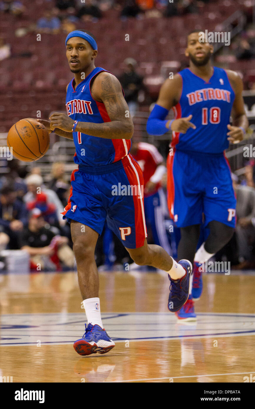 Philadelphia, Pennsylvania, USA. 10th Jan, 2014. Detroit Pistons point guard Brandon Jennings (7) in acton with the ball during the NBA game between the Detroit Pistons and the Philadelphia 76ers at the Wells Fargo Center in Philadelphia, Pennsylvania. The Pistons won 114-104. Christopher Szagola/Cal Sport Media/Alamy Live News Stock Photo