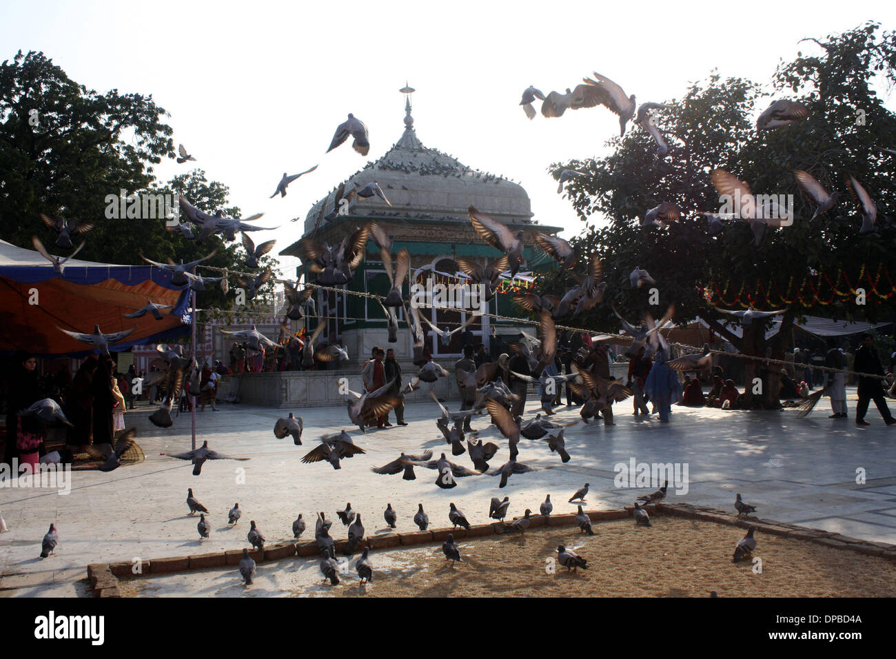 Lahore, Pakistan. 11th Jan, 2014. Pigeons fly up at the shrine of the Sufi saint Mian Mir Sahib during the last day of a three-day festival marking his 369th death anniversary in eastern Pakistan's Lahore on Jan. 11, 2014. Credit:  Jamil Ahmed/Xinhua/Alamy Live News Stock Photo