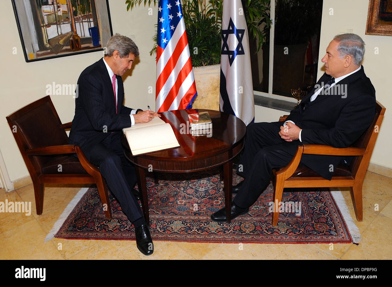 Secretary Kerry Signs Guest Book in Jerusalem Stock Photo