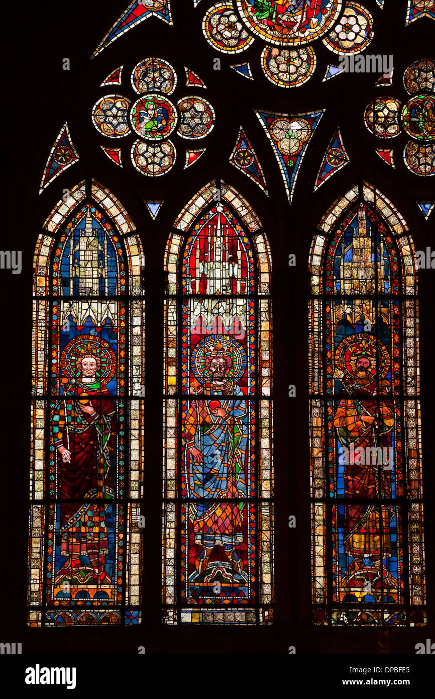 Stained glass windows inside Notre Dame de Strasbourg cathedral Stock