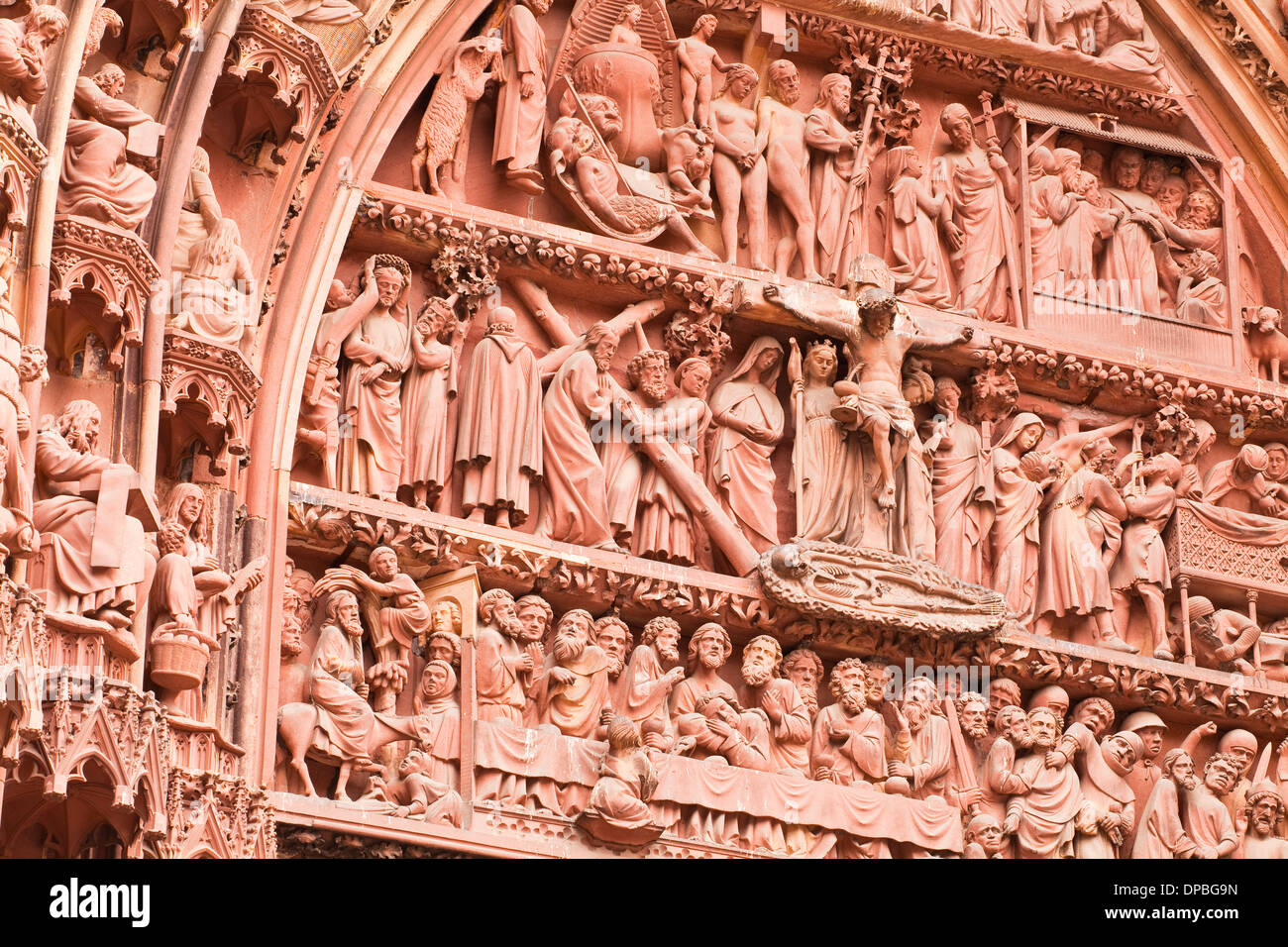 Detail of the tympanum on Notre Dame de Strasbourg cathedral. Stock Photo