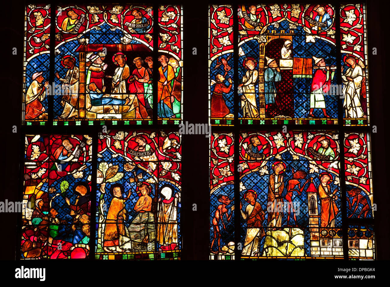 Stained glass windows inside Notre Dame de Strasbourg cathedral Stock