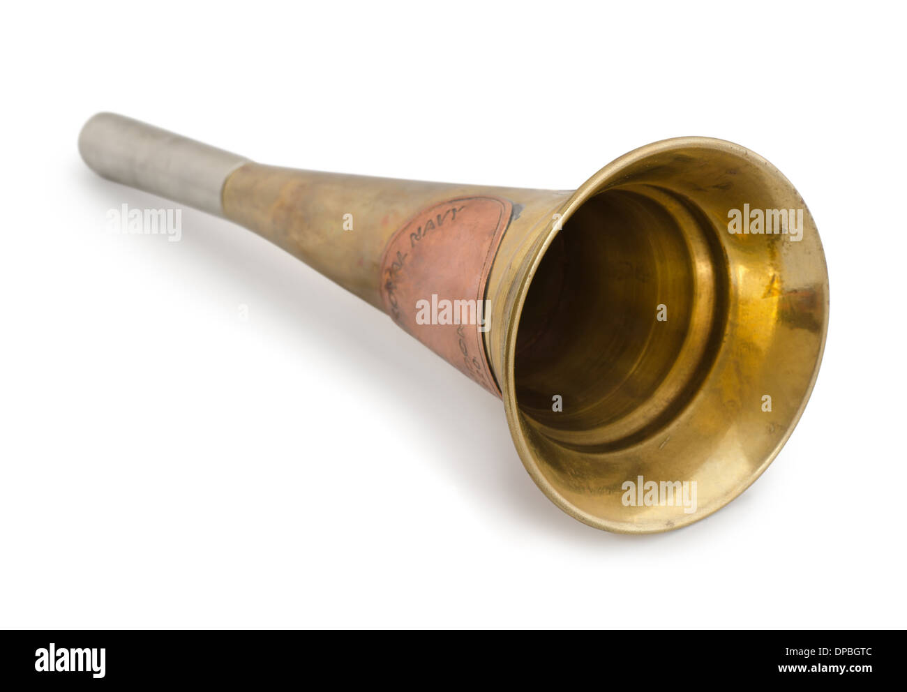 Old brass navy fog horn isolated on white Stock Photo