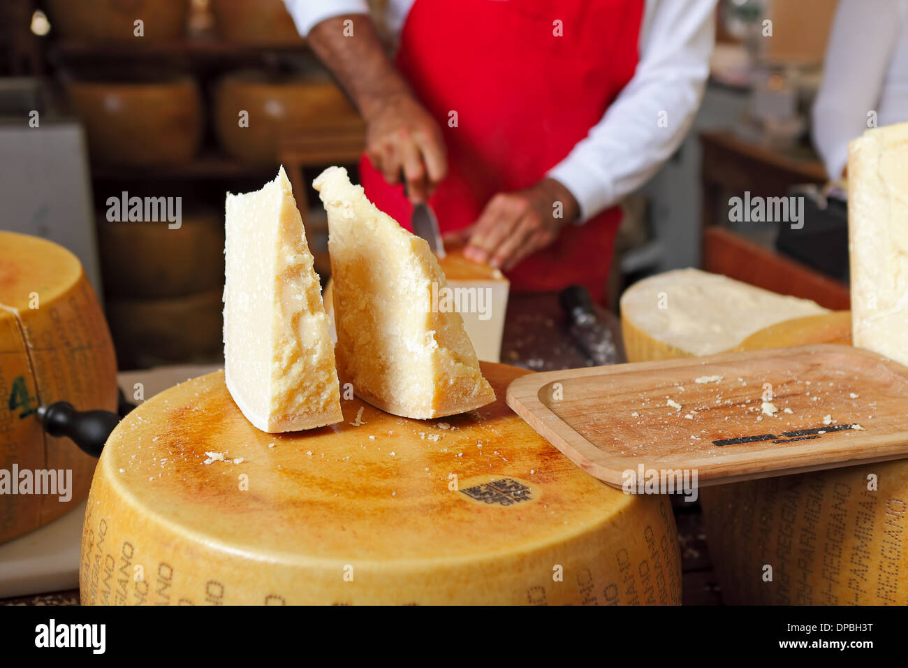 Parmesan cheese on the stand in Italy. Stock Photo