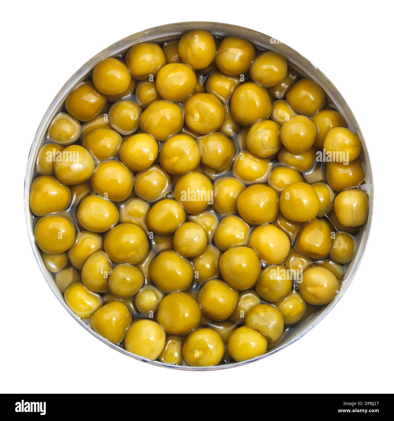 top view of canned green peas in tin Stock Photo