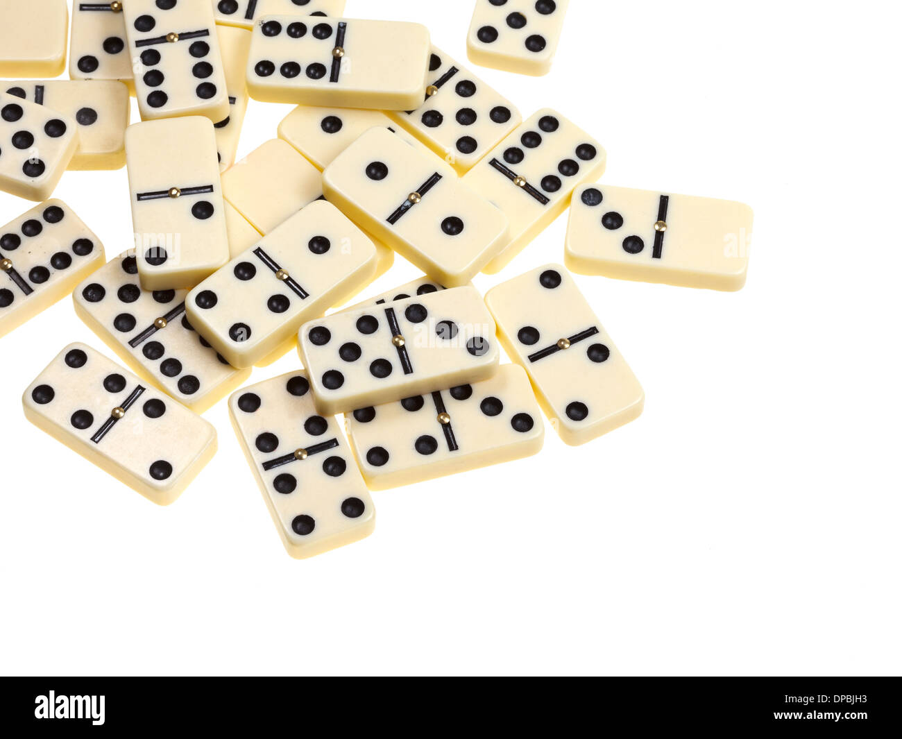 above view of scattered dominoes isolated on white background Stock Photo