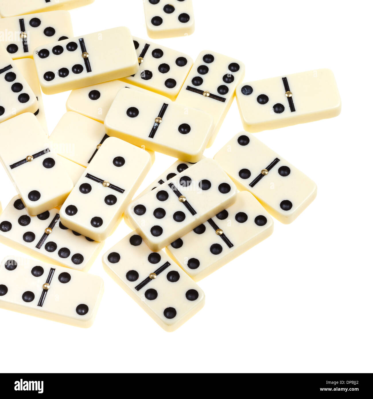 above view of many scattered dominoes isolated on white background Stock Photo