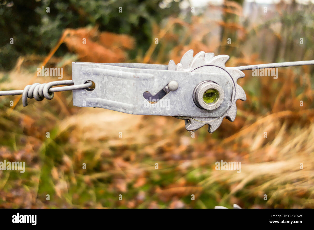 Wire fence rachet type tensioner used to join two ends of the wire together Stock Photo