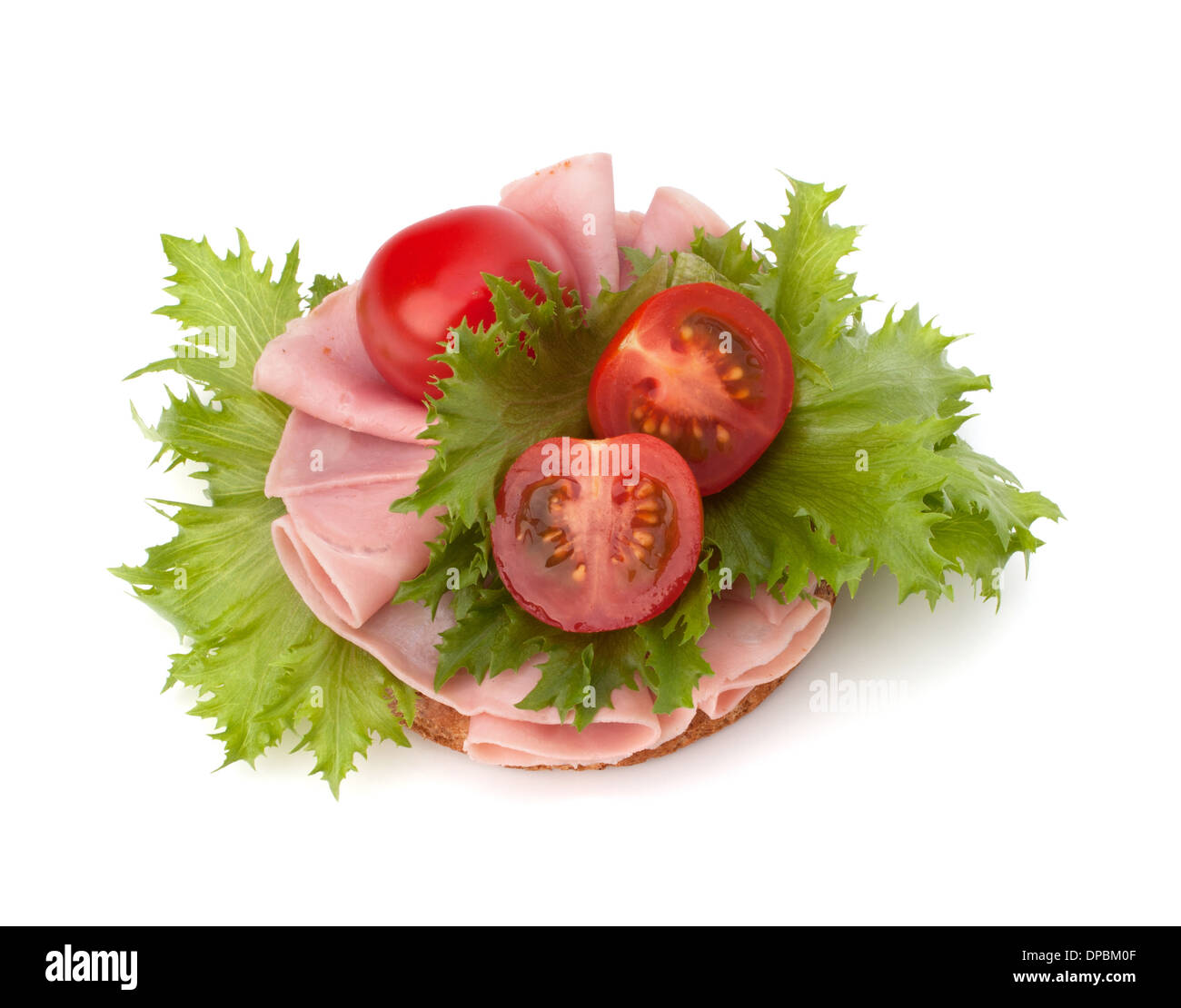 healthy sandwich with vegetable and smoked ham isolated on white