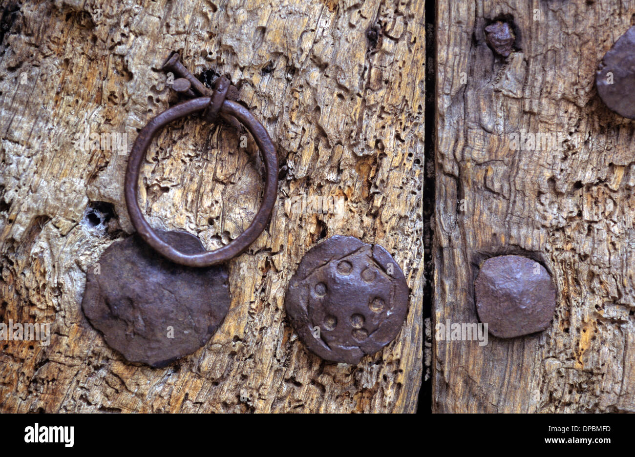 Old Wooden Door & Handle with Rusty Nails Monastery of Saint Nicholas Dilios Ioannina Epirus Greece Stock Photo