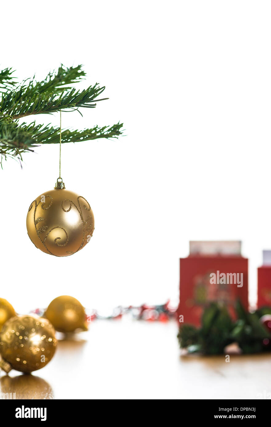 Red Christmas Ornament Ribbon Hanging Tree Isolated White Stock Photo by  ©YAYImages 262956240