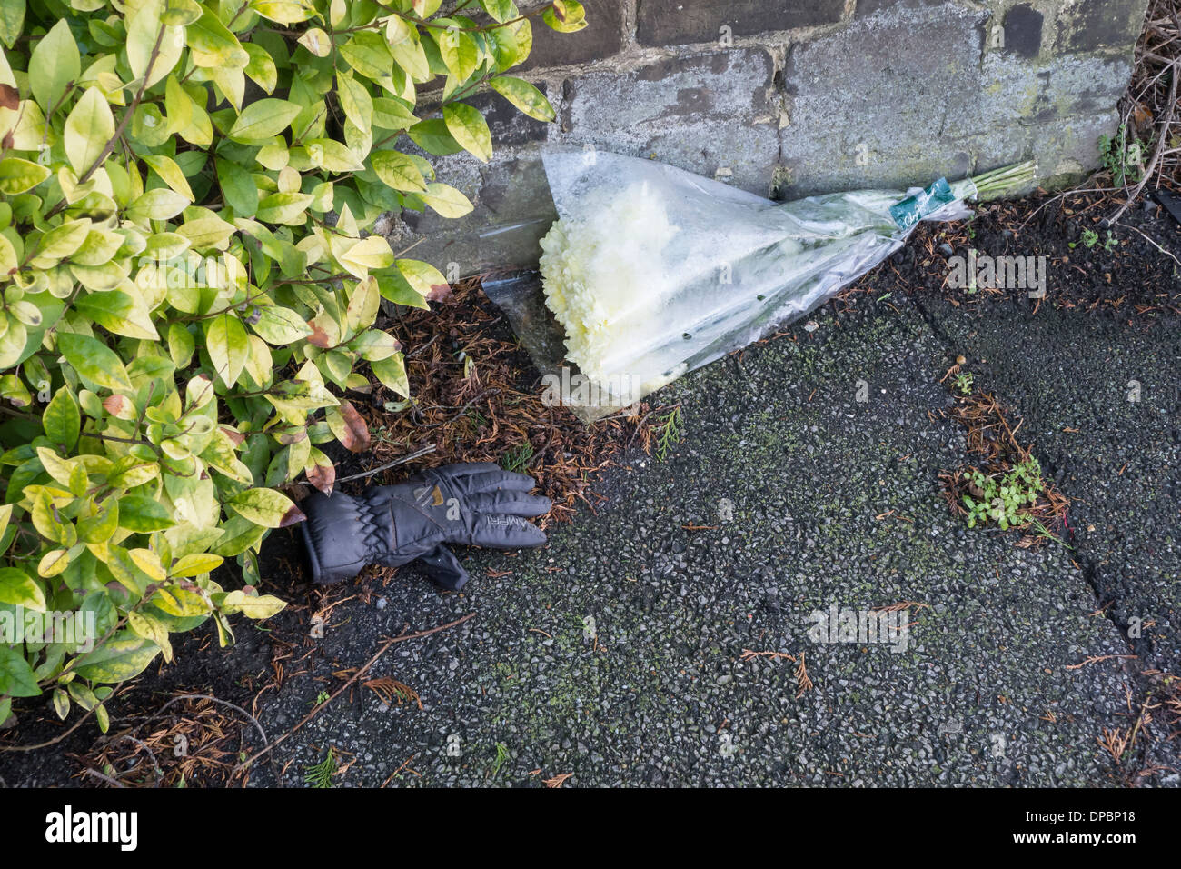 Dropped bunch of flowers and glove Stock Photo