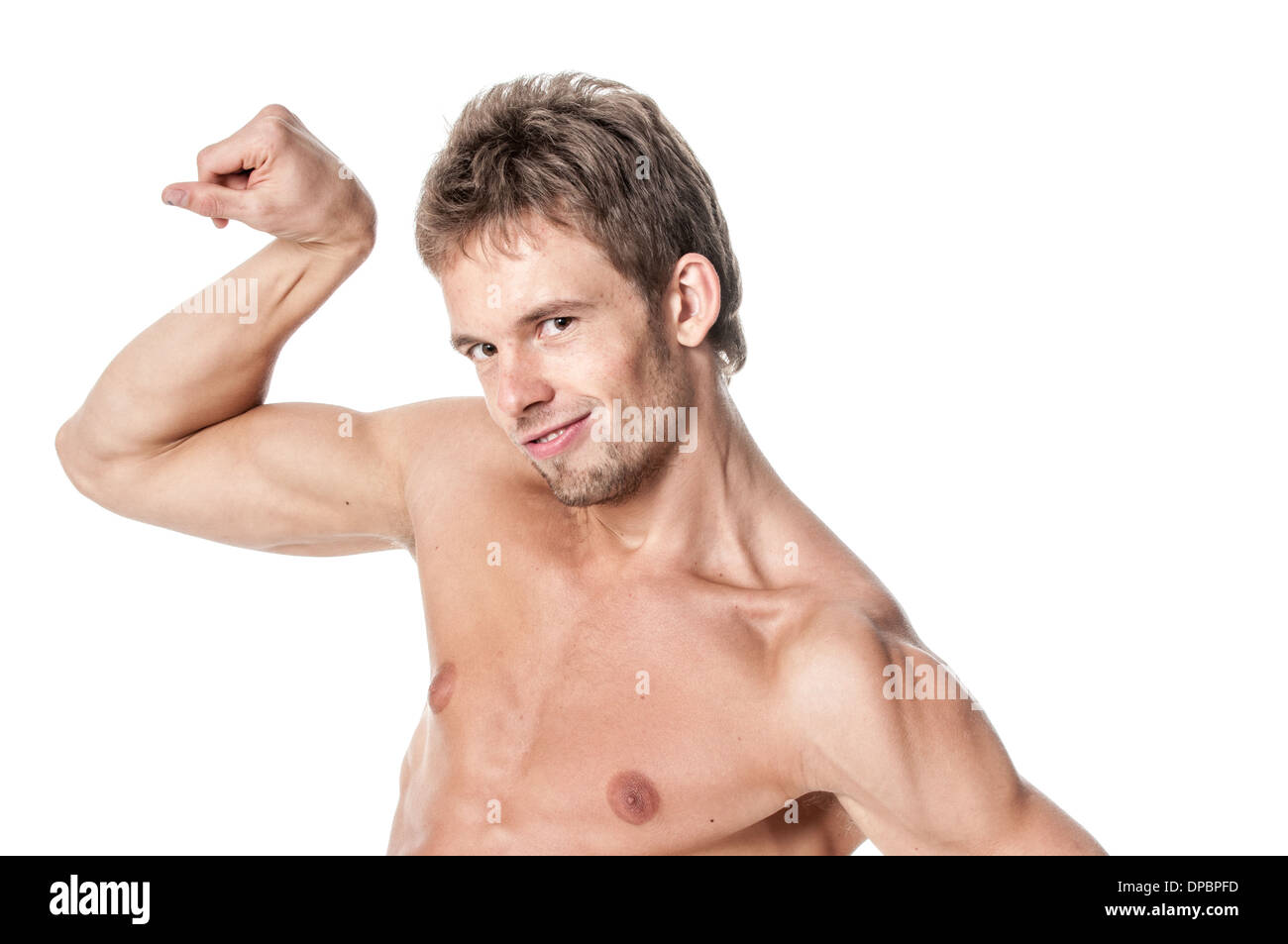 Healthy young man showing his biceps isolated on white Stock Photo