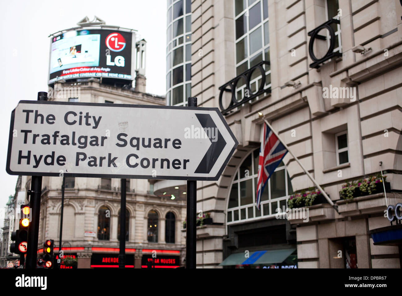 London street sign to Piccadilly, Trafalgar and Hyde Park Stock Photo