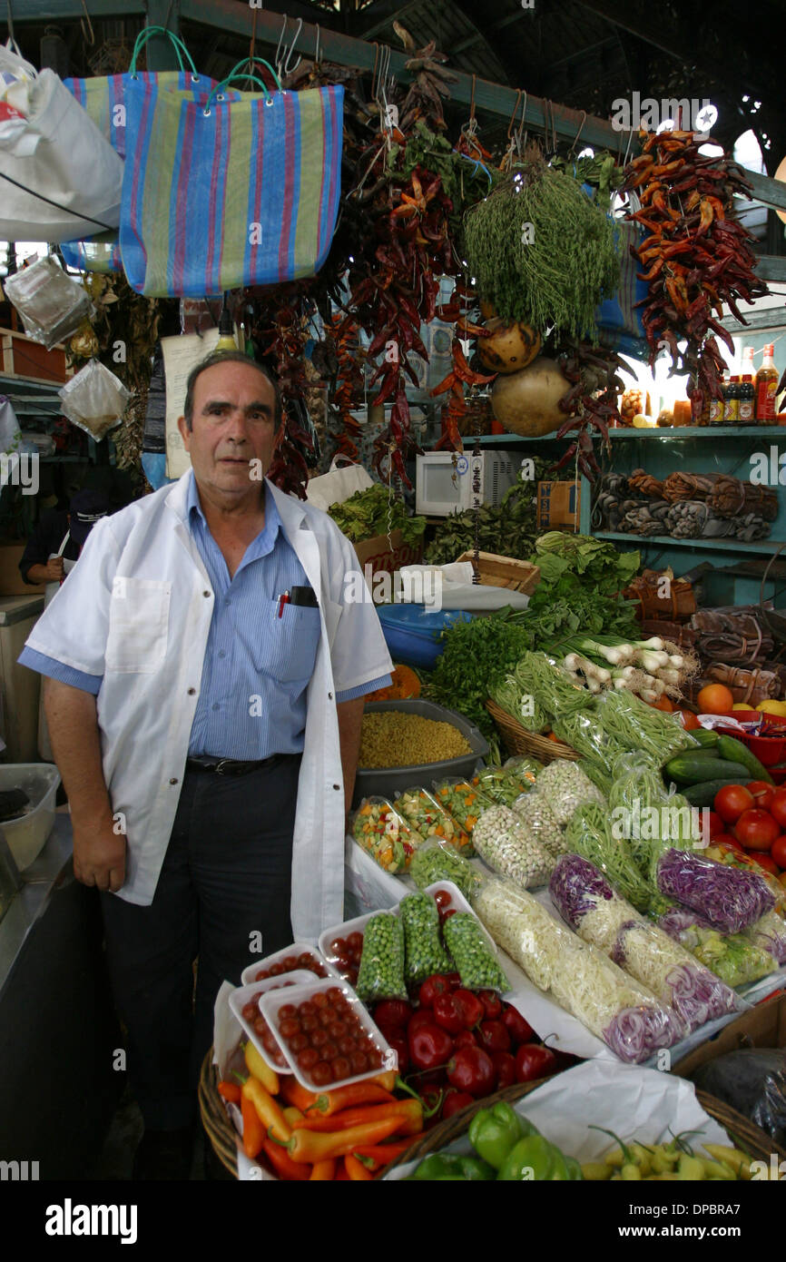 There are colorful displays of Chile's fine veggies at the Mercado Central (central market) Santiago, Chile Stock Photo